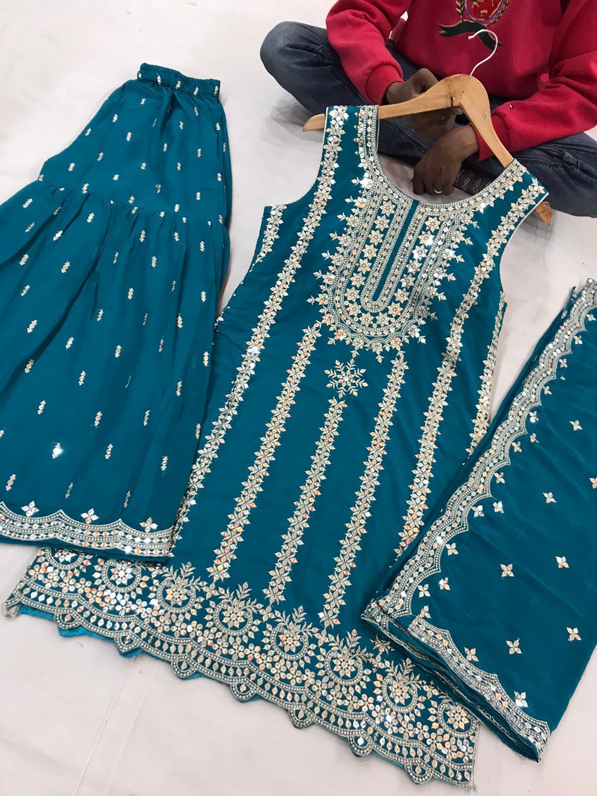 Teal Blue Linear Sharrara Suit