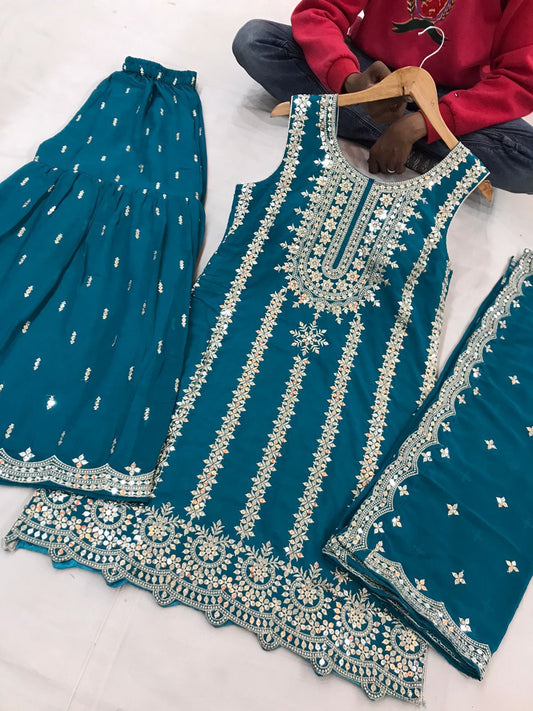 Teal Blue Linear Sharrara Suit