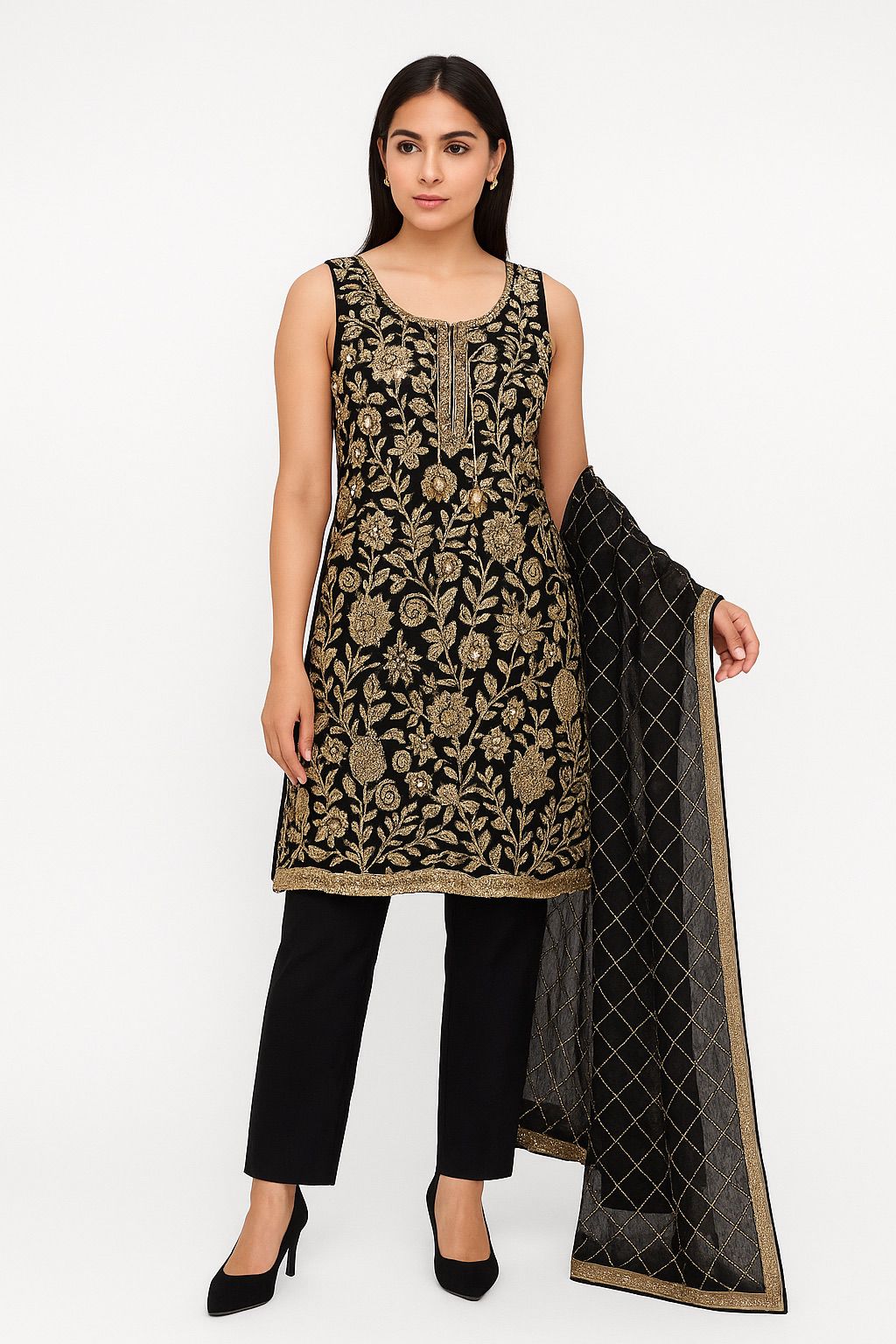 ✨ Black & Gold Embroidered party wear outfit comes with 2 bottoms 
Straight trousers and leggings