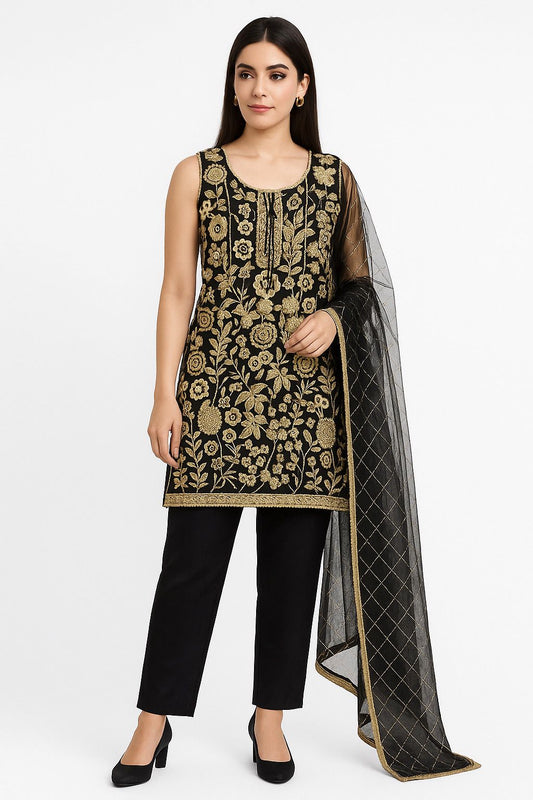 ✨ Black & Gold Embroidered party wear outfit comes with 2 bottoms 
Straight trousers and leggings