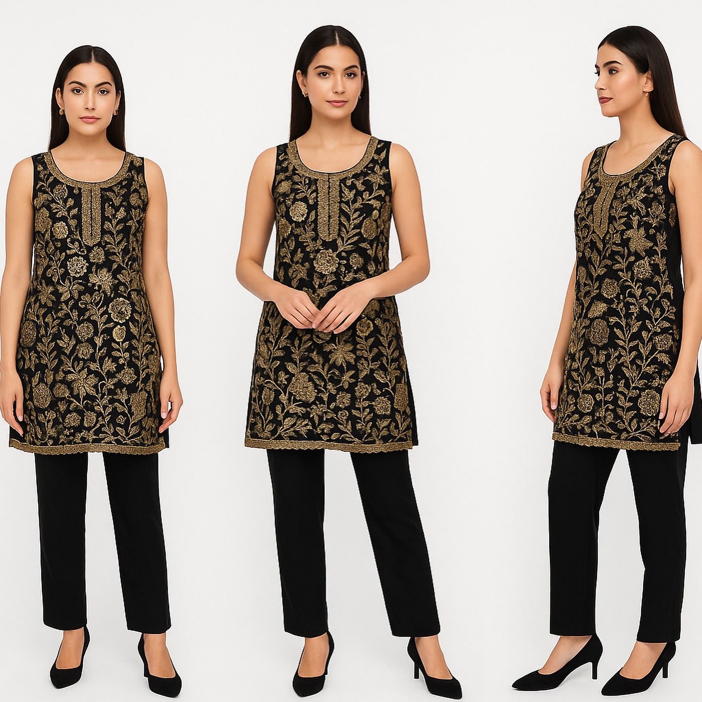 ✨ Black & Gold Embroidered party wear outfit comes with 2 bottoms 
Straight trousers and leggings