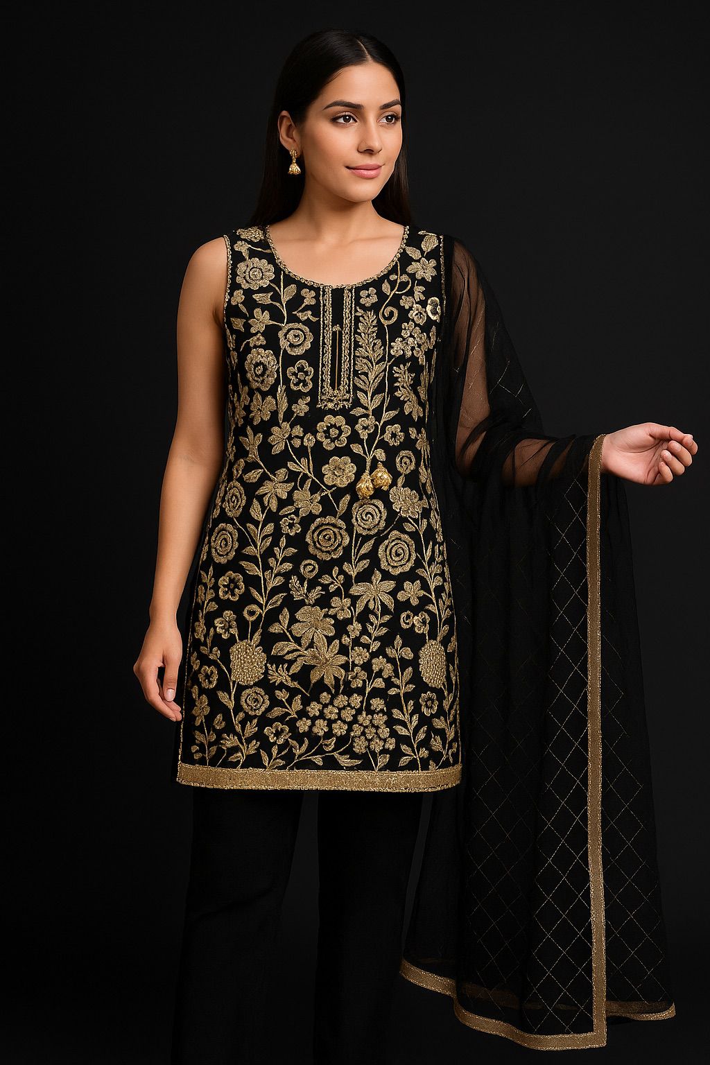 ✨ Black & Gold Embroidered party wear outfit comes with 2 bottoms 
Straight trousers and leggings